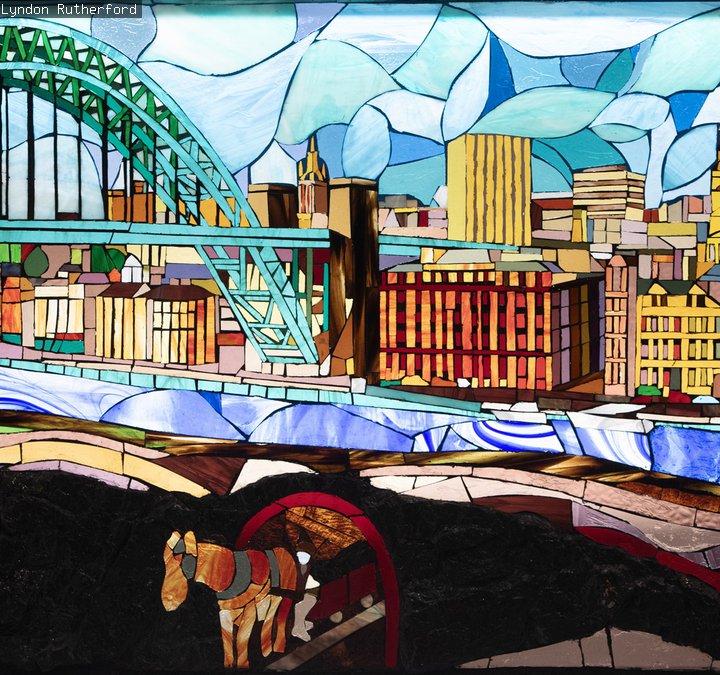 Glass painting of the Tyne Bridge and mining past 
