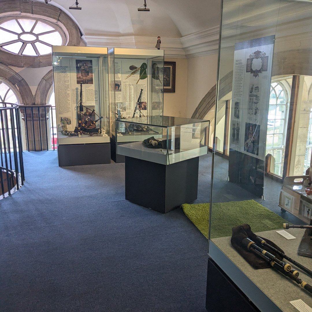 Display cases in a bagpipe museum.