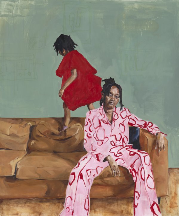 Oil and acrylic painting of a woman in a pink suit, sat on a sofa. A girl, in a red dress, climbs on the cushions behind her Oil and acrylic painting of a woman in a pink suit, sat on a sofa. A girl, in a red dress, climbs on the cushions behind her