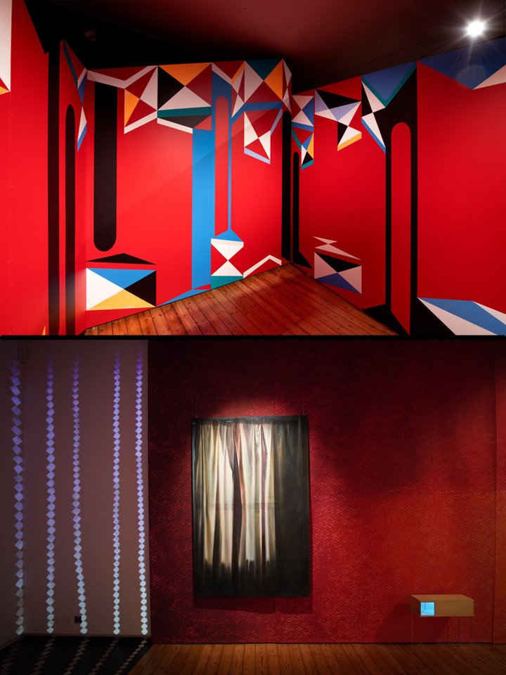 Two photographs, one on top of the other, of contemporary art exhibition Expanded Interiors Re-Staged