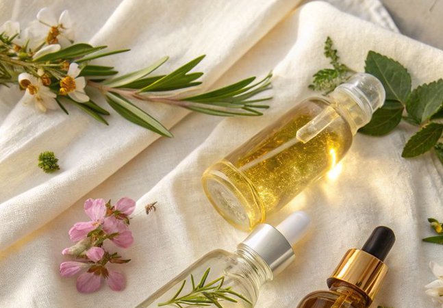 Three bottles of oil and green plants and flower laid on a white cloth