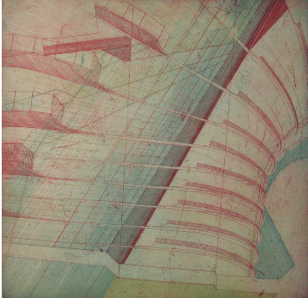 Rue Sherbrooke Ouest, Bronwen Sleigh, etching with hand colouring, 2016