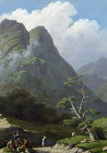 A painting of dramatic mountains with small figures in the foreground.