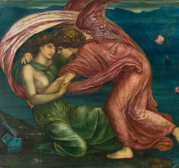 A painting of a winged Cupid embracing Psyche