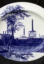 Cumbrian Blue(s), Sellafield No:9, 5/5. Transfer print collage on bone china platter with platinum, 410mm x 345mm x 24mm. Paul Scott 2005.