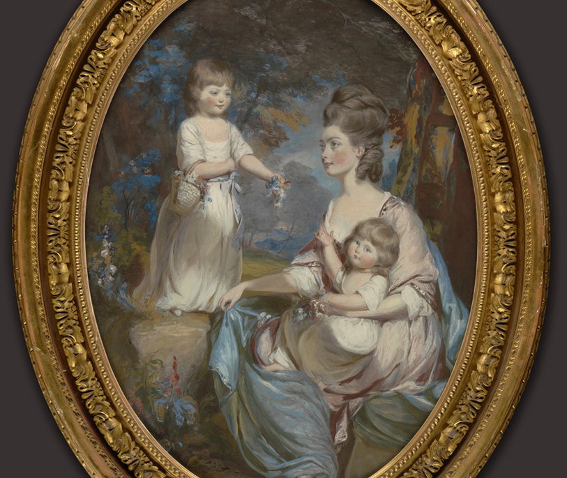 portrait of a woman from the 1700s with a child and a baby