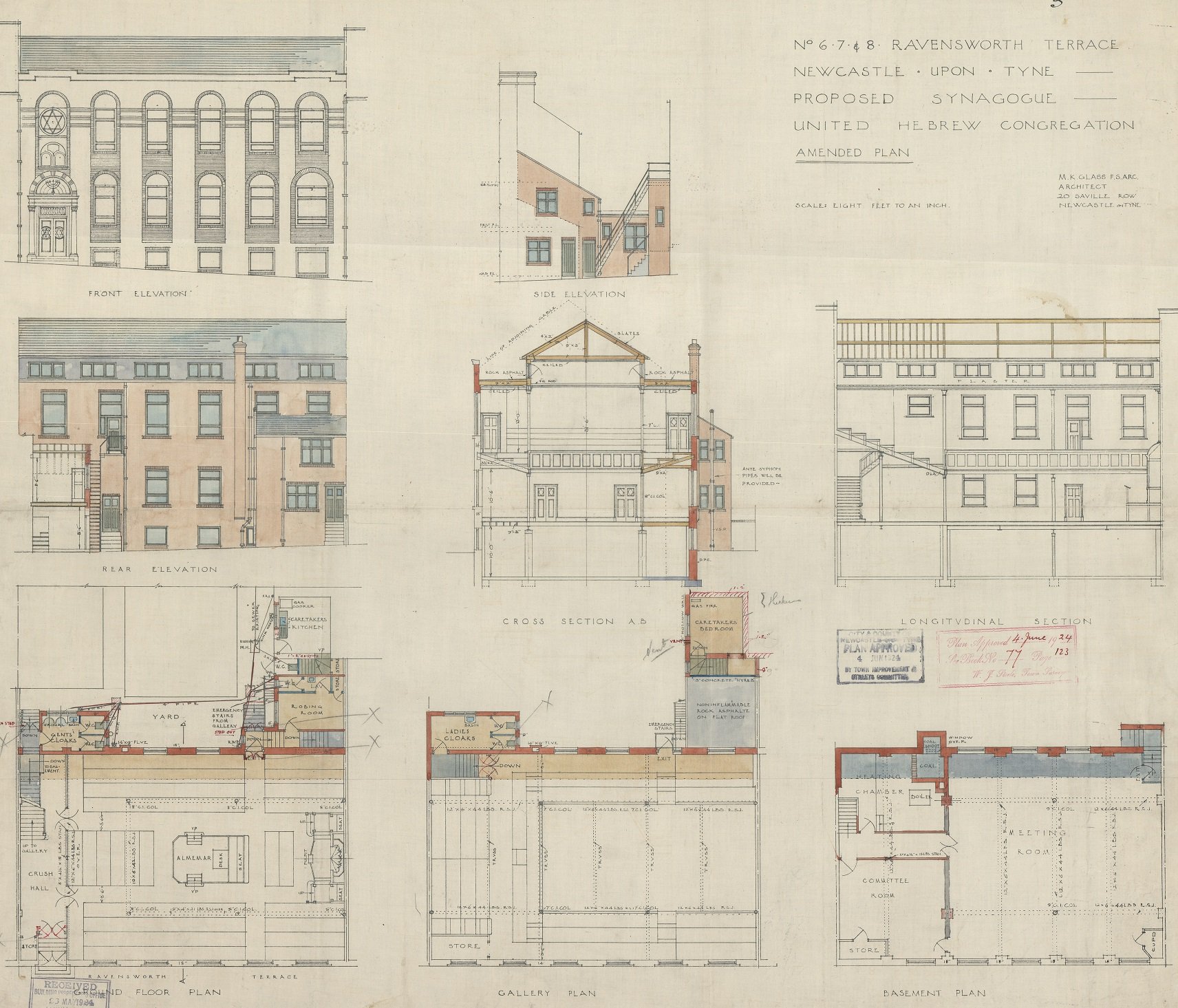 Building plan, Ravensworth Terrace Synagogue, Newcastle; approved June 1924
