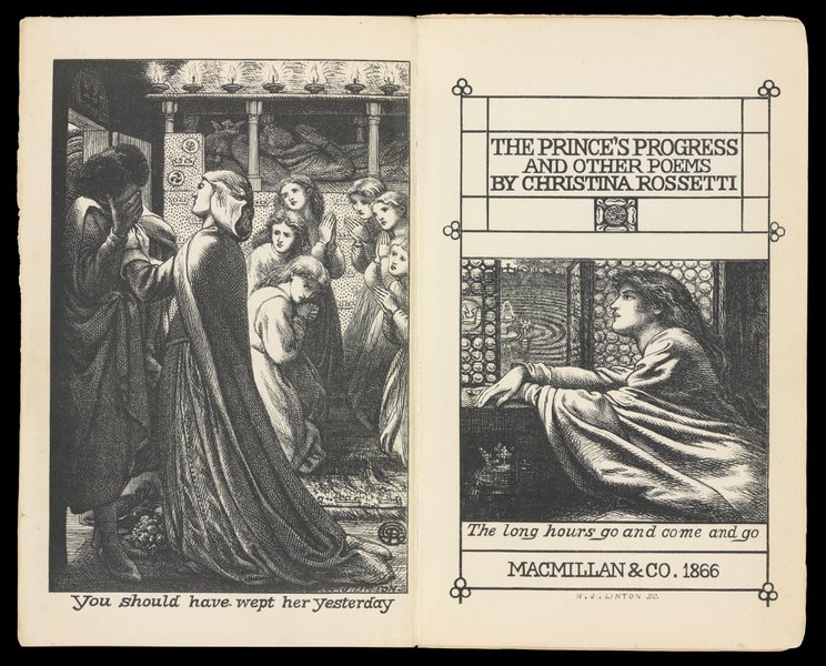 A title page spread showing illustrations of people in medieval clothing, to the left a group of women are praying, to the right a woman looks out of a window.