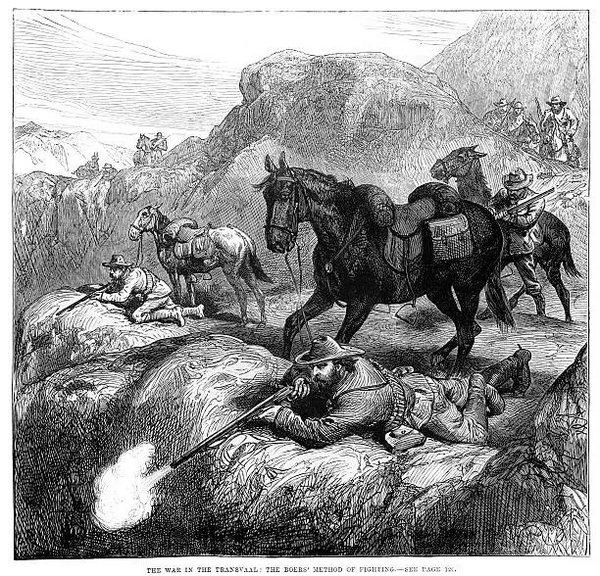 An illustration from an 1881 edition of the Illustrated London News. Titled ‘The Boers’ Method of Fighting,’ it shows a Boer man firing a Wesley-Richards breechloading rifle.