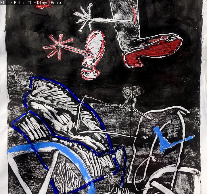 Abstract monoprint, oil bar and pastel 