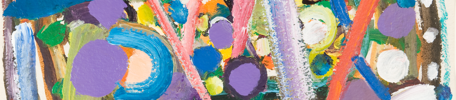 An abstract painting, made up of painted colourful lines, circles and shapes.