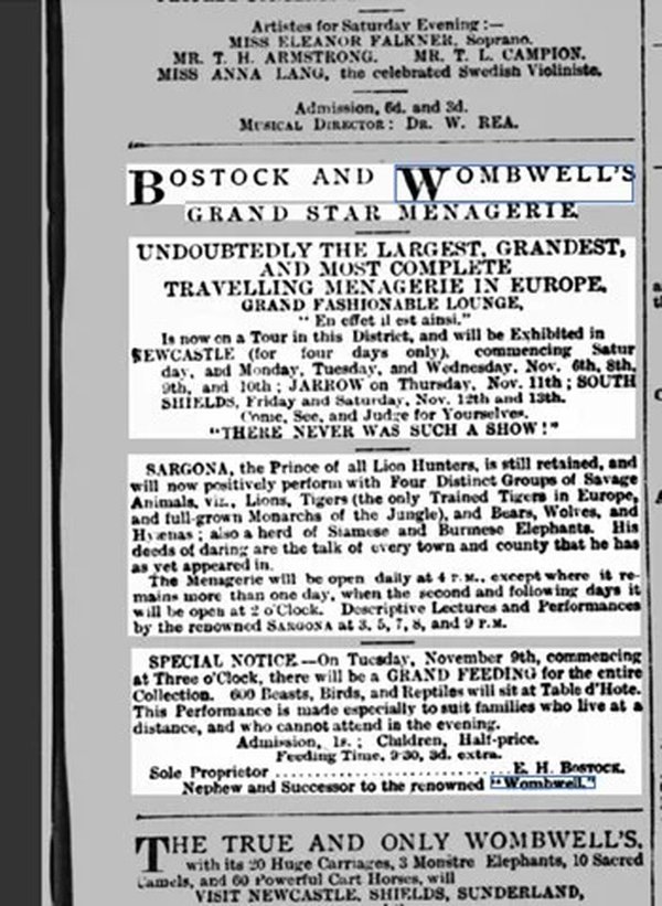 Newspaper clipping from Saturday 8th November 1886 in The Evening Chronicle detailing the 4 day-long event being held in Newcastle ( &copy; The British Newspaper Archive)