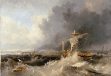 An oil painting of a large ship and smaller ships on the turbulent sea. A pier and a lighthouse are in the background.