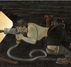 Painting of topless miner drilling the coalface