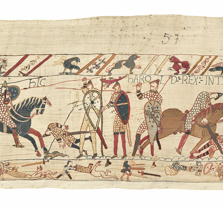 Image shows a section of the original Bayeux Tapestry © La Fabrique de patrimoines en Normandie / Antoine Cazin