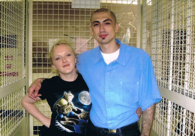 Artist Lyn Hagan with Tony, a Mexican Mafia hitman, in San Quentin prison