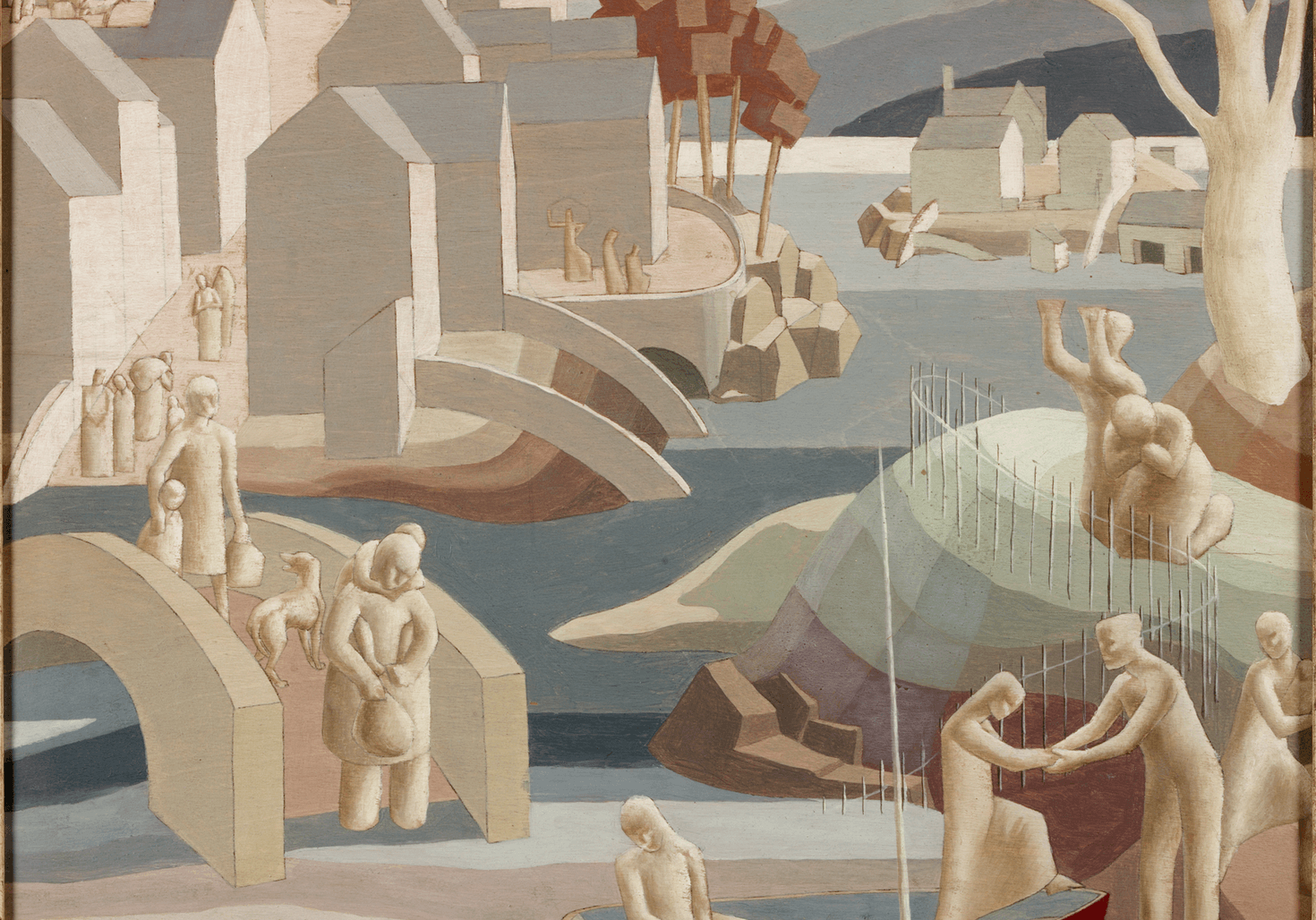 A painting of people living a city done in a cubist style.