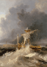 An oil painting of a large ship and smaller ships on the turbulent sea. A pier and a lighthouse are in the background.