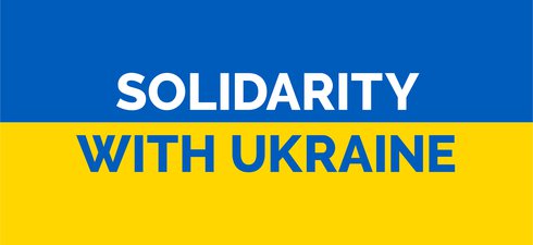 Blue and yellow flag with the words solidarity with Ukraine
