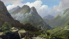A painting of dramatic mountains with small figures in the foreground.