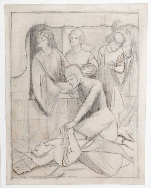 A pencil drawing of a man killed in a tourney. His opponent stands above him holding the hand of a crowned woman who has turned her head away.