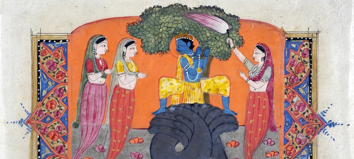 Sri Krishna with a flute seated on Kaliya and attended by three Naginis by unknown (1840 (c))