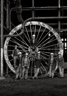 Mining apprentices with Winding Wheel, Ashington Colliery