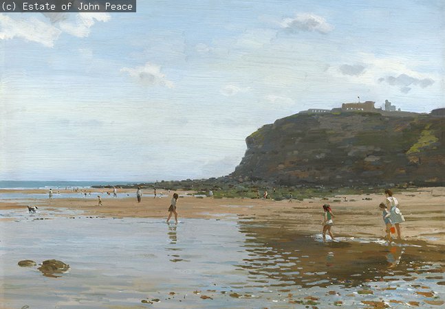 A painted scene of a sunny day at Tynemouth beach.