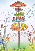 Illustration of a wind garden - a wind spinner in a garden setting.