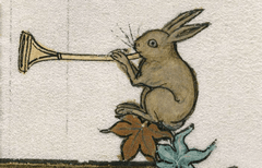 A painting of a hare sitting on a leaf and blowing a trumpet 