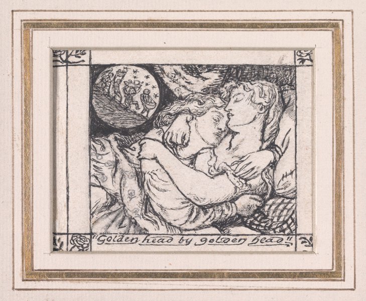 A black and white print featuring two women embracing while they sleep. A circle in the top left corner shows four goblin men carrying baskets of fruit.
