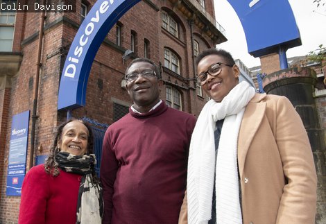 1. L-R Dr Beverley Prevatt-Goldstein, Jonas Abladey and Salha Kaitesi steering group members outside Discovery Museum