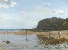 A painted scene of a sunny day at Tynemouth beach.