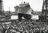 Black and white photo of launch of RMS Ark Royal