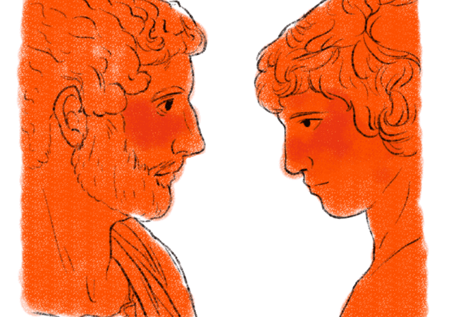An illustration of two male faces looking at each other.