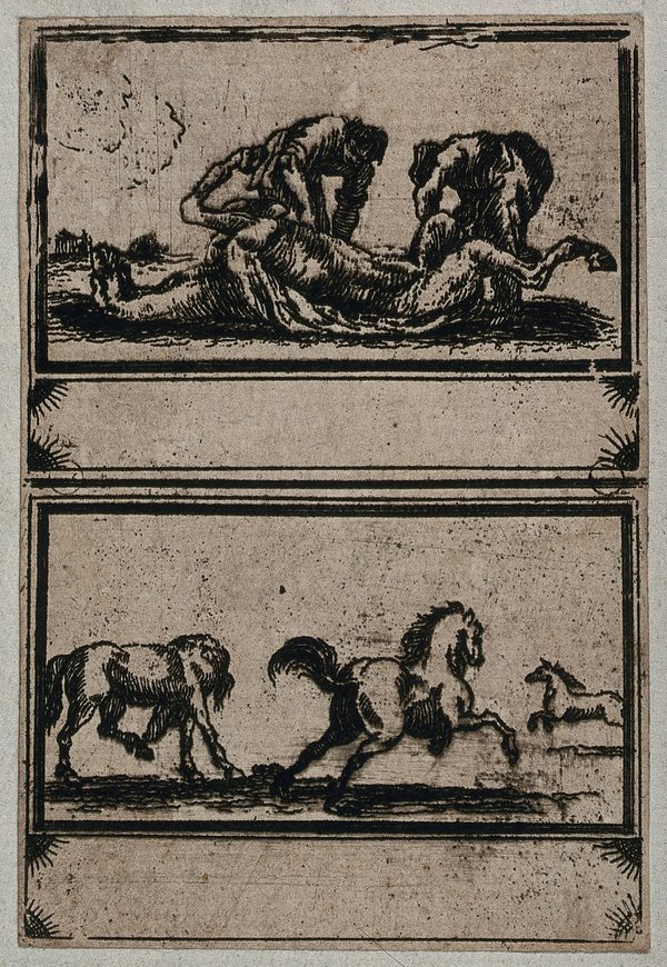 Top, two men inspecting a dead horse; Bottom, three horses running. Etching. 