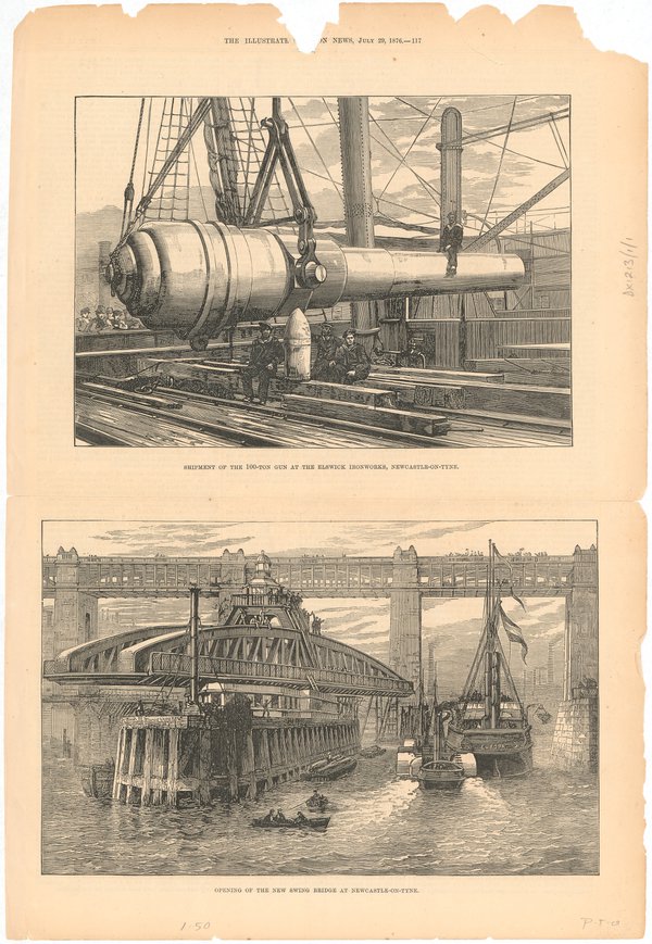 Illustrations of the opening of the new Swing Bridge and the shipment of a 100-ton gun at the Elswick Works, 29 July 1876