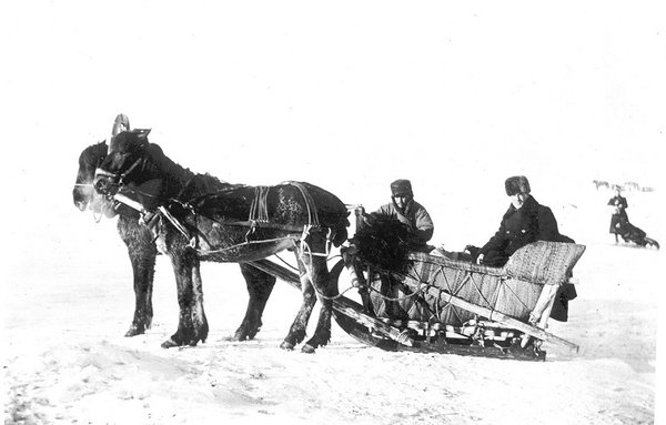 Men on sledge pulled by horses