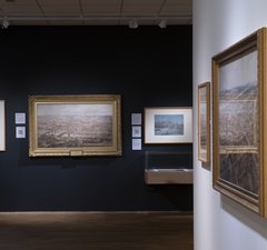 Installation view of Newcastle in Watercolour exhibition showing Newcastle-city scenes in ornate picture frames on blue walls.