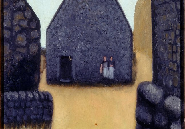 An abstract painting of a farmhouse and stone walls, with two ladies stood in front of it.