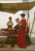 An oil painting of three women looking at flowers in an outdoor market. Another woman works the stall and sits on a small stool.