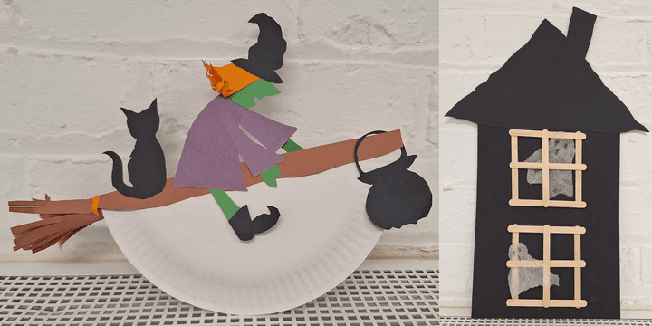 Two photographs of crafts . On the left is a witch riding a broomstick and on the right is a haunted house. Both are made of paper.