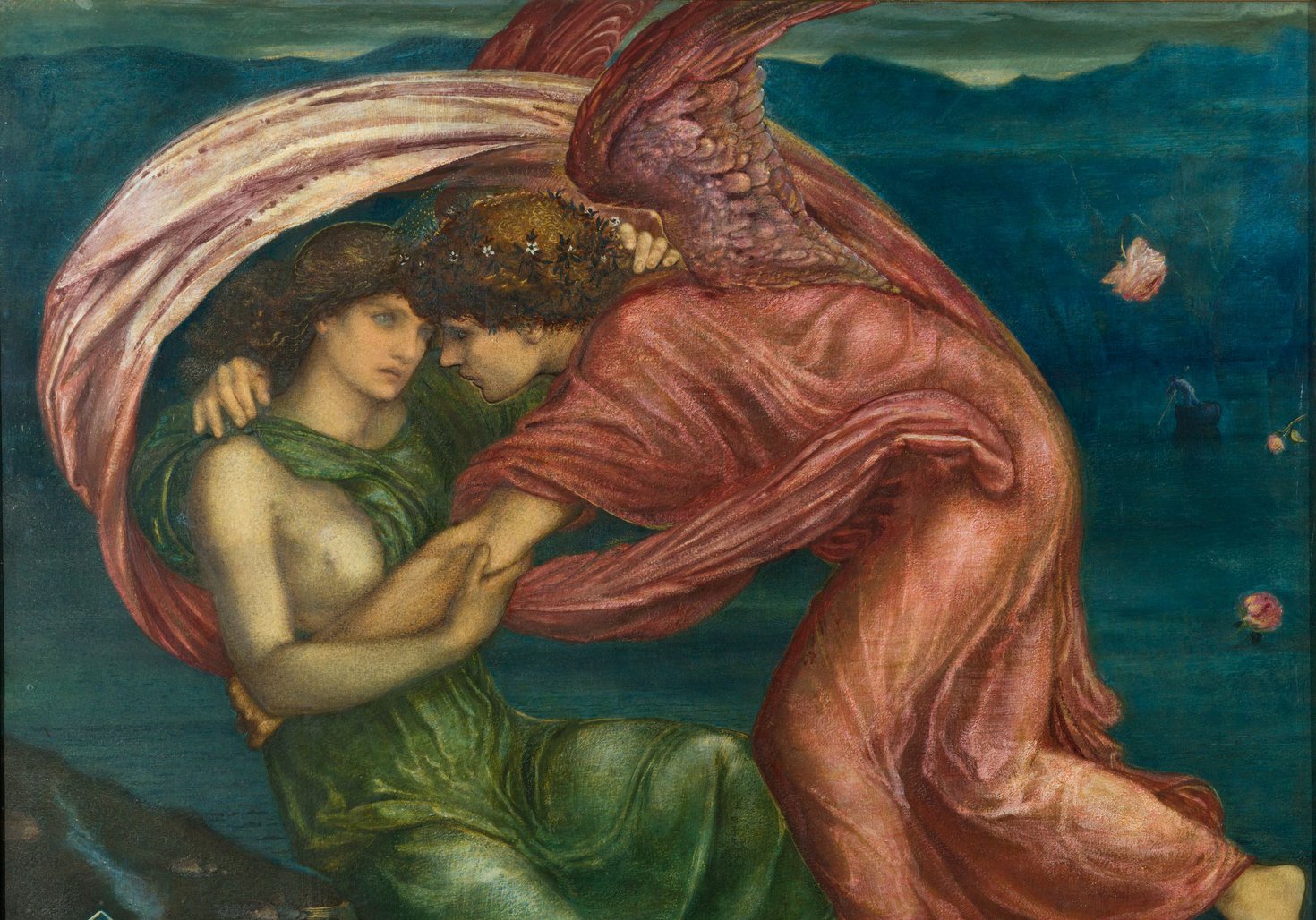 A painting of a winged Cupid embracing Psyche