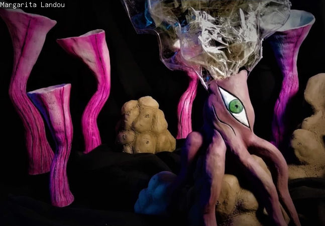 Sculpture installation of pink flutes one with eyes