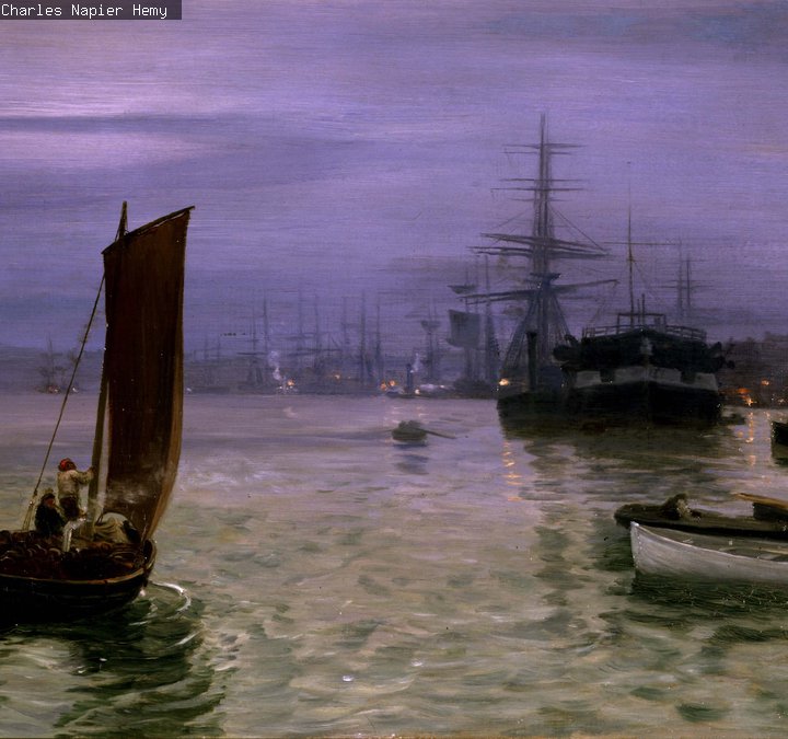 Boats in water against a purple sky