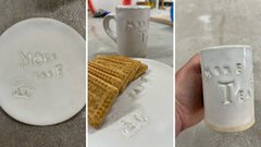 Photo collage of handmade ceramic mug and cake plate