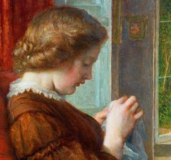 Oil painting of a woman in profile, sewing..