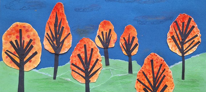 A colourful paper collage of orange trees on a blue background.
