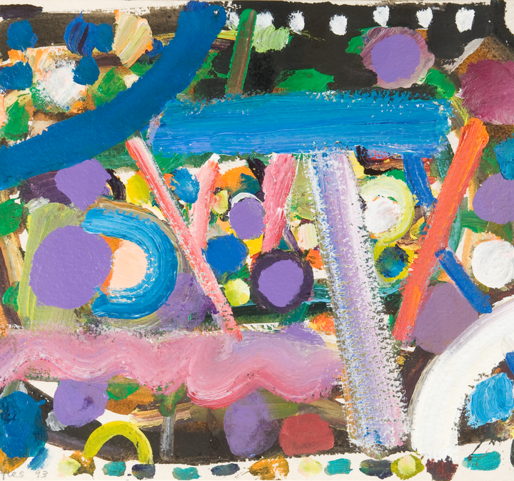 An abstract painting, made up of painted colourful lines, circles and shapes.