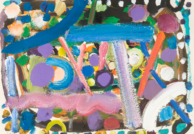 An abstract painting, made up of painted colourful lines, circles and shapes.